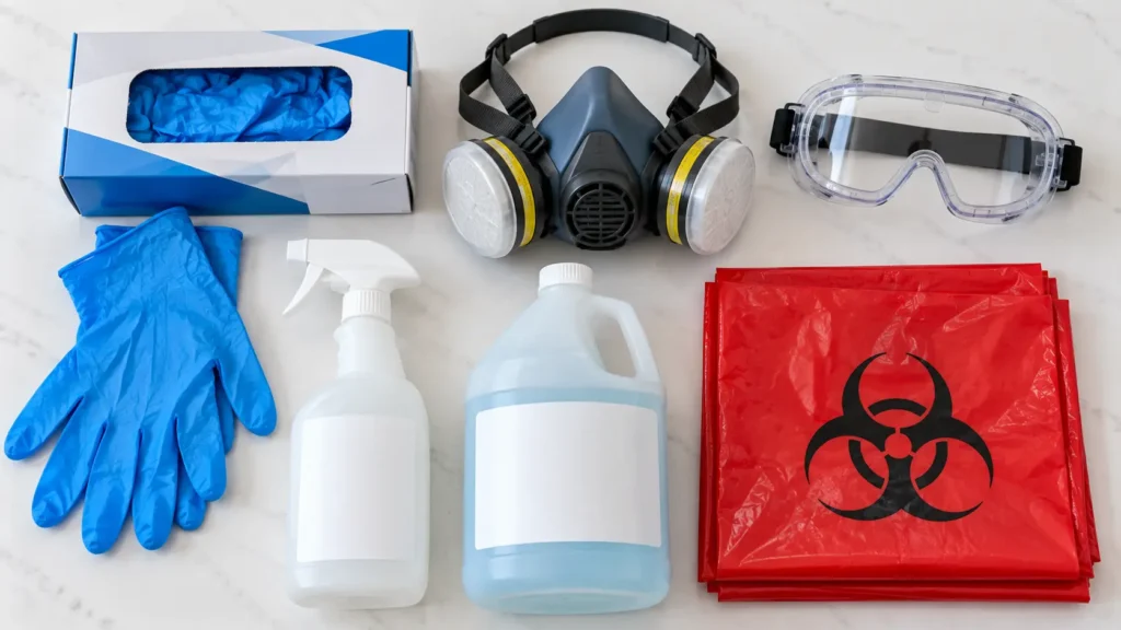 Blood clean up Miami FL professional supplies including gloves, disinfectant and biohazard bags